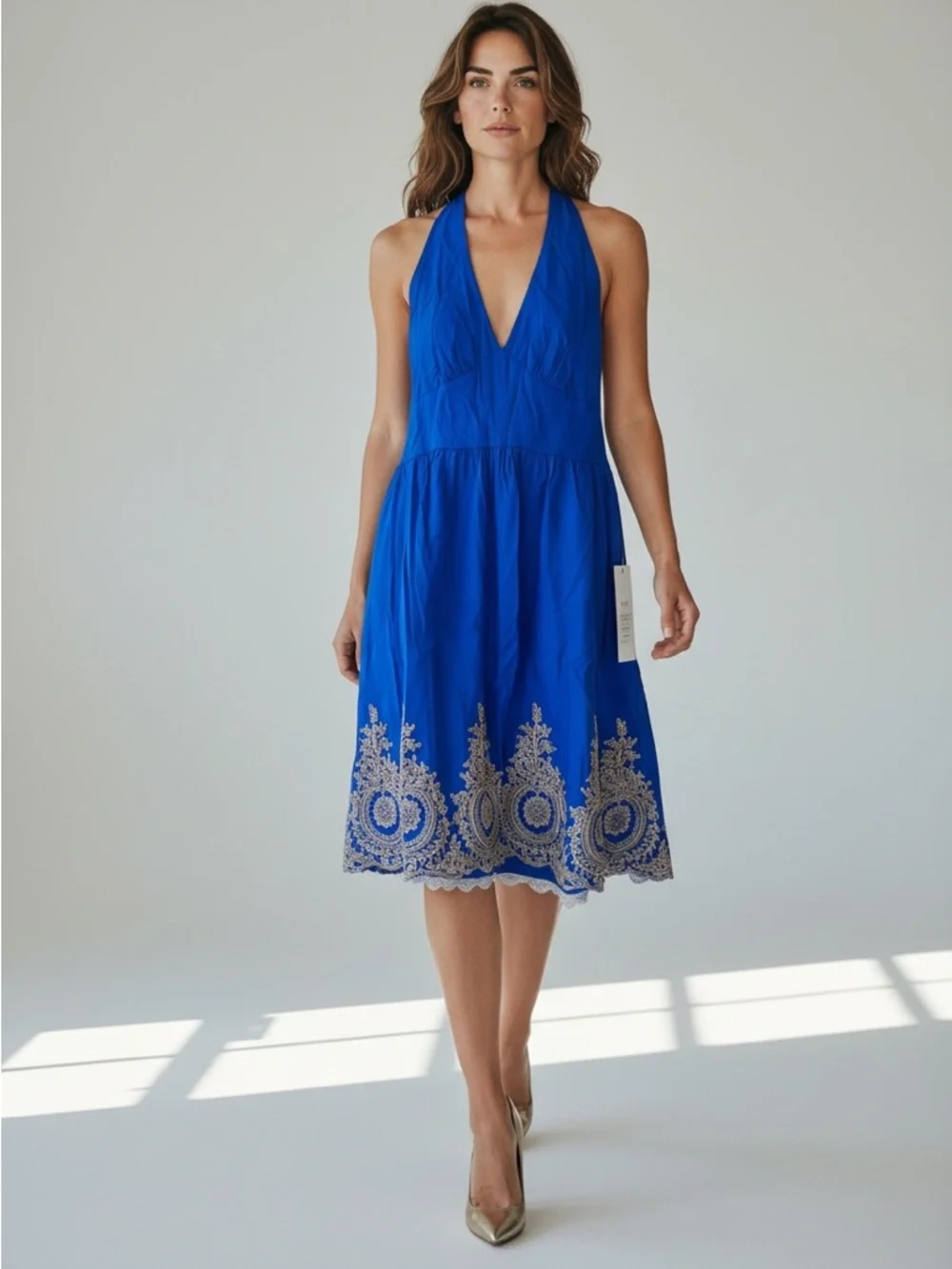 Deep Blue Halter Midi Dress with Gold Embroidered Hem - Picture 1 of 11
